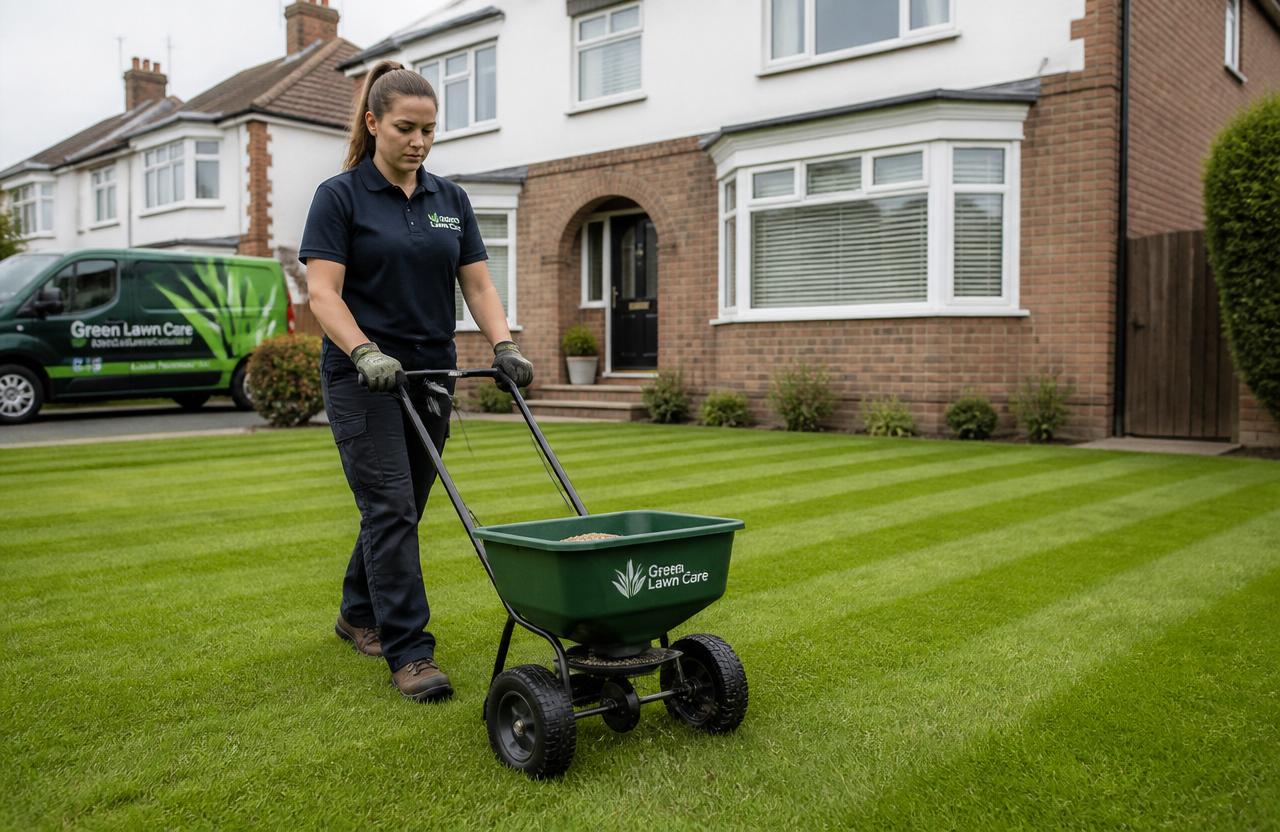 UK lawn care technician applying treatment to a striped English lawn
